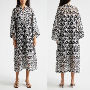 La Vie Style House Cutout Floral Lace Cutwork Black White Cover-Up Caftan O/S